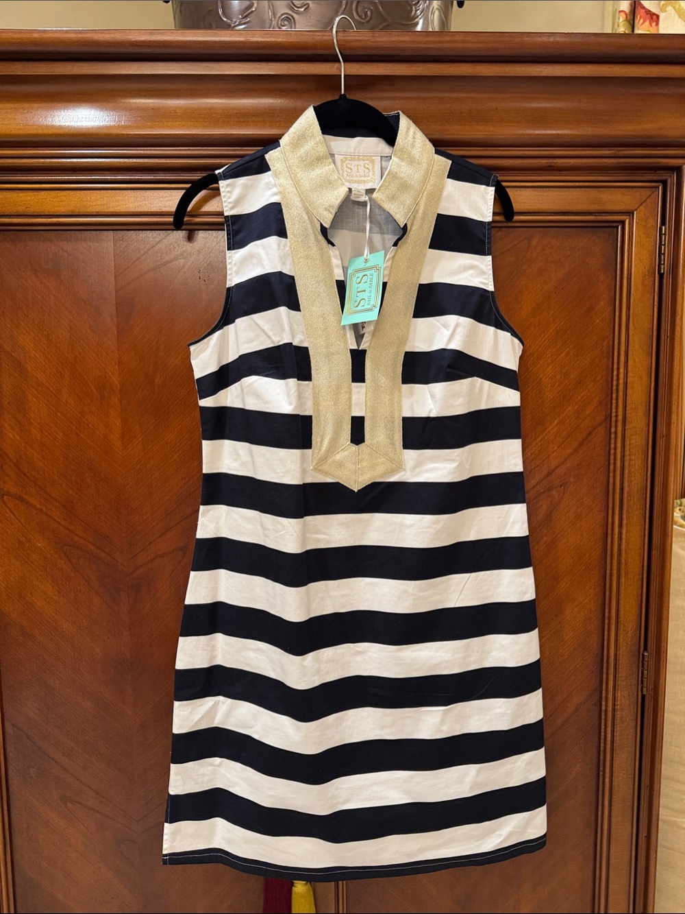Sail to Sable Navy and White Striped Sleeveless Dress with Gold Trim